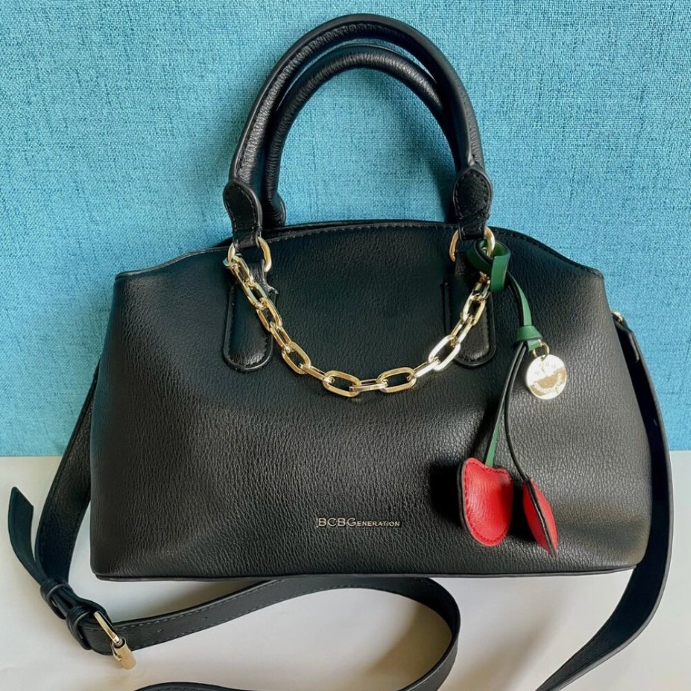 BCBGeneration Black Satchel Crossbody Gold Chain Cherry Charm Bag